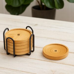OudArs Set of 6 Premium Wooden Coasters with Black Iron Holder Stand